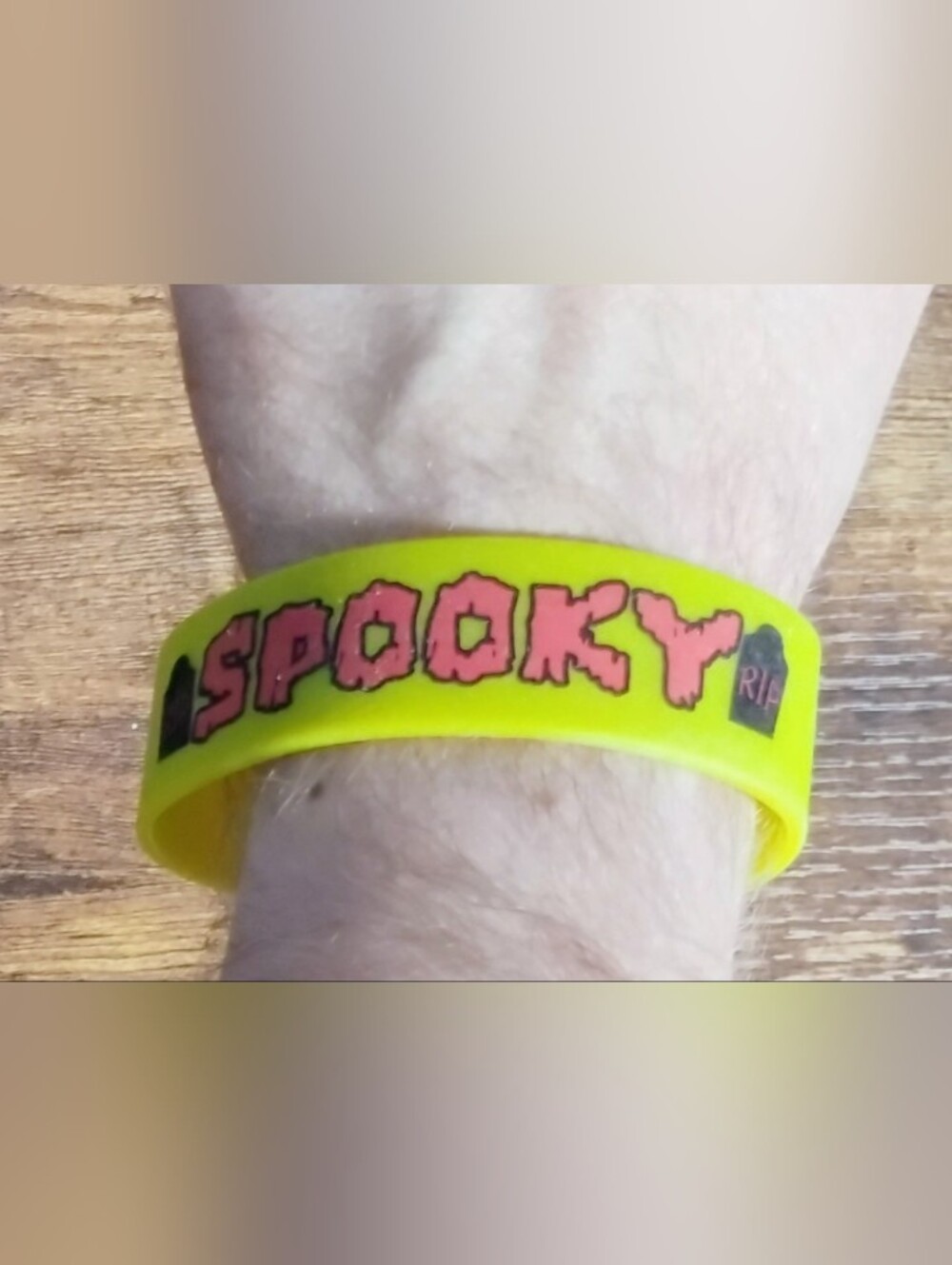Neon Yellow Spooky Wristband with Pink Pop Lettering - Picture 7 of 7